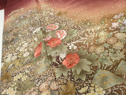 平和屋着物●訪問着　作家物　刺繍　笹竹草花文　暈し染め　金糸　金彩　金通し地　正絹　逸品　AABJ6573cs