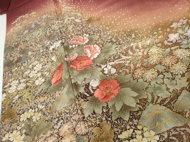 平和屋着物●訪問着　作家物　刺繍　笹竹草花文　暈し染め　金糸　金彩　金通し地　正絹　逸品　AABJ6573cs