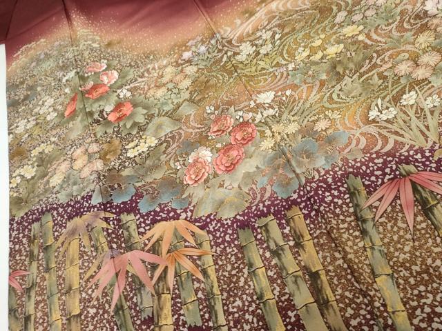 平和屋着物●訪問着　作家物　刺繍　笹竹草花文　暈し染め　金糸　金彩　金通し地　正絹　逸品　AABJ6573cs