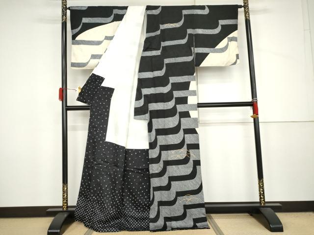 平和屋着物●訪問着　総絞り　駒刺繍　芝文　黒地　正絹　逸品　AABJ6581cs
