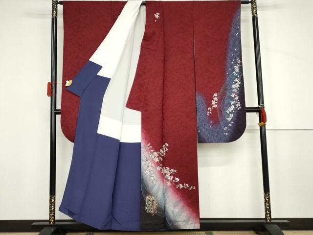 平和屋着物●豪華振袖　駒刺繍　御所車枝垂れ桜文　暈し染め　正絹　逸品　AABJ6584cs