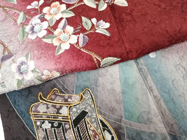 平和屋着物●豪華振袖　駒刺繍　御所車枝垂れ桜文　暈し染め　正絹　逸品　AABJ6584cs