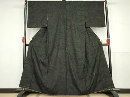 平和屋着物●結城紬　80亀甲　風景文　黒地　正絹　逸品　AABJ6586cs