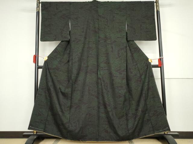 平和屋着物●結城紬　80亀甲　風景文　黒地　正絹　逸品　AABJ6586cs