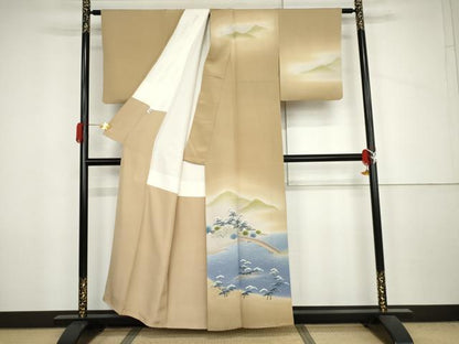 平和屋着物●名門・上野家　四代目 上野真(二代目 上野為二)　訪問着　渡り橋浜松風景文　暈し染め　正絹　逸品　AABJ6596cs