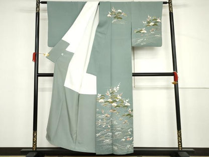 平和屋着物●訪問着　刺繍　梅風景浜文　貝殻　金糸　金彩　正絹　逸品　AABJ6598cs