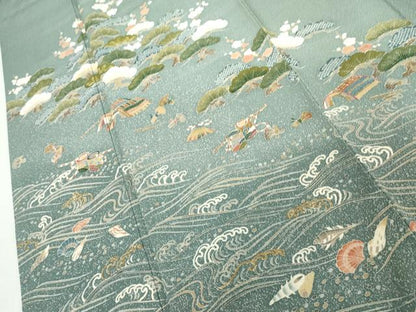 平和屋着物●訪問着　刺繍　梅風景浜文　貝殻　金糸　金彩　正絹　逸品　AABJ6598cs