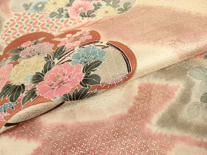 平和屋着物●訪問着　絞り　花松文　金彩　正絹　逸品　AABJ6602cs
