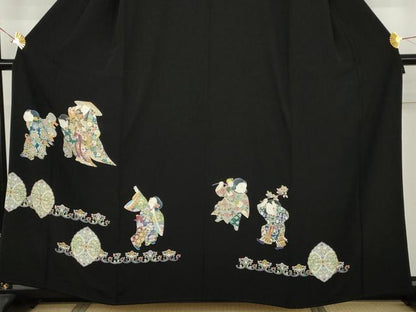平和屋着物●豪華黒留袖　友禅　童子花文　正絹　逸品　AABJ6604cs