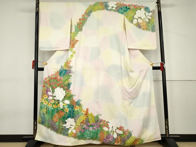 平和屋着物●訪問着　手描き　草花文　暈し染め　正絹　逸品　AABJ6606cs