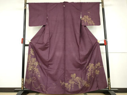 平和屋着物●訪問着　紬地　刺繍　葡萄蔦の葉文　金彩　正絹　逸品　AABJ6612cs