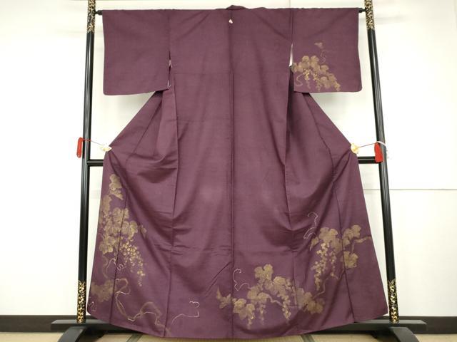 平和屋着物●訪問着　紬地　刺繍　葡萄蔦の葉文　金彩　正絹　逸品　AABJ6612cs