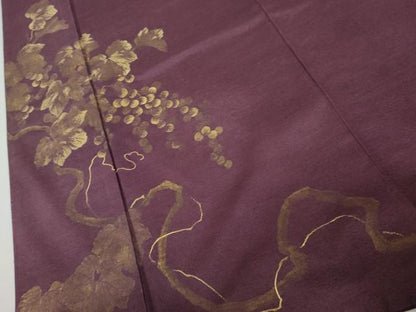 平和屋着物●訪問着　紬地　刺繍　葡萄蔦の葉文　金彩　正絹　逸品　AABJ6612cs