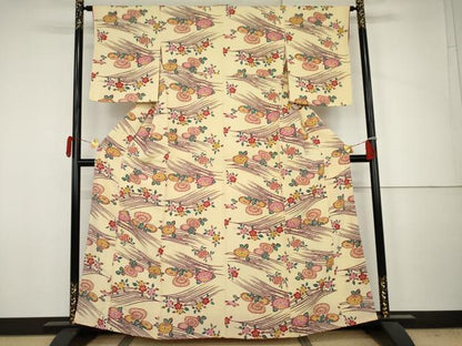 平和屋着物●上質な小紋　型染め　立波草花文　鬼しぼ縮緬　正絹　逸品　AABJ6617cs