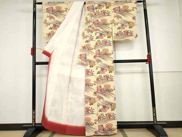 平和屋着物●上質な小紋　型染め　立波草花文　鬼しぼ縮緬　正絹　逸品　AABJ6617cs
