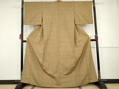 平和屋着物●花織　紬　格子　正絹　逸品　AABJ6620cs