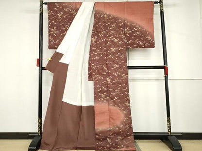 平和屋着物●訪問着　紬地　芝花文　金彩　ロング丈　正絹　逸品　AABJ6623cs