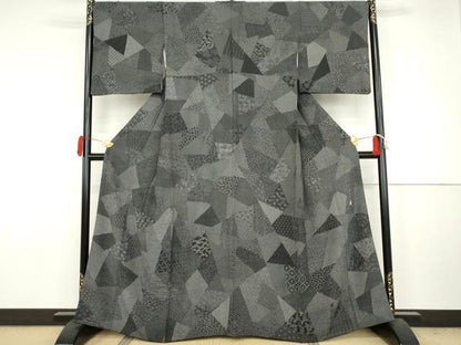 平和屋着物●江戸小紋　寺山存男　切嵌吉祥花文　黒地　正絹　逸品　AABJ6625cs