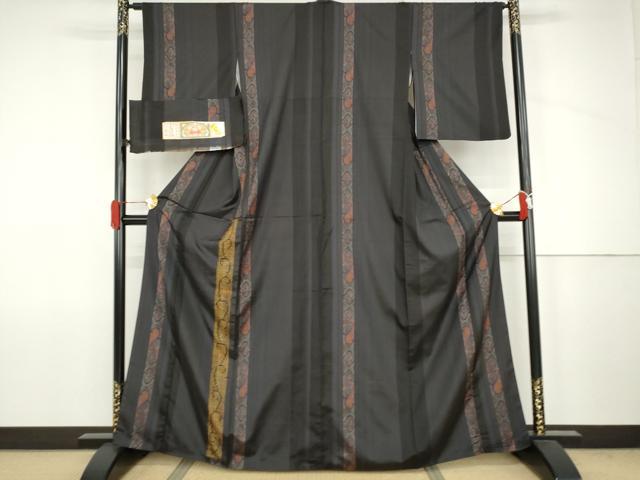 平和屋着物●本場縞大島紬　訪問着　更紗花唐草文　ドロンワーク　井田哲則作　証紙付き　正絹　逸品　AABJ6640cs