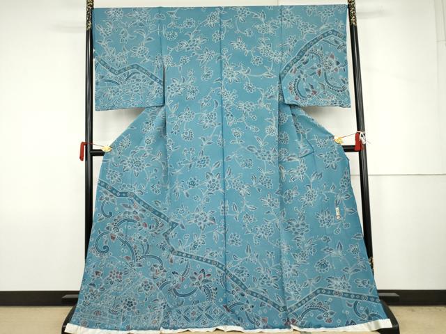 平和屋着物●小林文次郎　訪問着　型染め　更紗花文　鬼しぼ縮緬　浜ちりめん　仮絵羽　正絹　逸品　未使用　AABJ6652cs