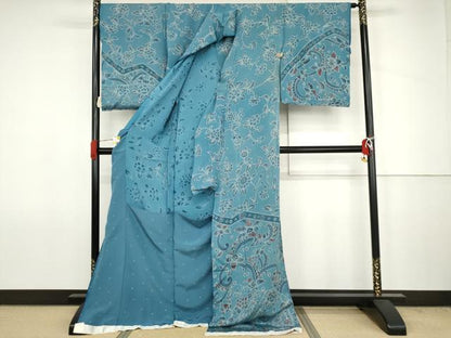 平和屋着物●小林文次郎　訪問着　型染め　更紗花文　鬼しぼ縮緬　浜ちりめん　仮絵羽　正絹　逸品　未使用　AABJ6652cs