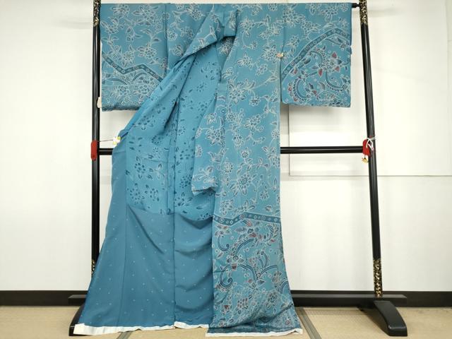平和屋着物●小林文次郎　訪問着　型染め　更紗花文　鬼しぼ縮緬　浜ちりめん　仮絵羽　正絹　逸品　未使用　AABJ6652cs