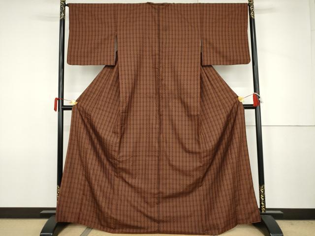 平和屋着物●黄八丈　紬　市松綾織　格子　正絹　逸品　AABJ6654cs
