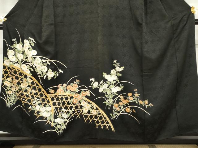 平和屋着物●京都老舗銘店・に志田　黒留袖　友禅　駒刺繍　花籬文　たとう紙付き　正絹　逸品　AABJ6655cs