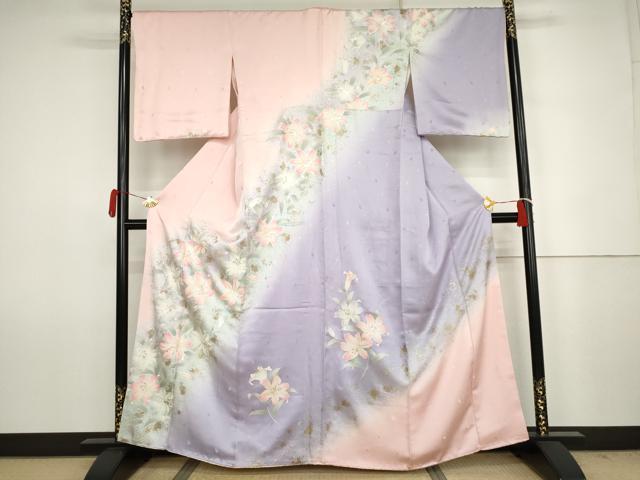 平和屋着物●訪問着　草花文　百合　ゆり　暈し染め　金銀彩　正絹　逸品　AABJ6673cs
