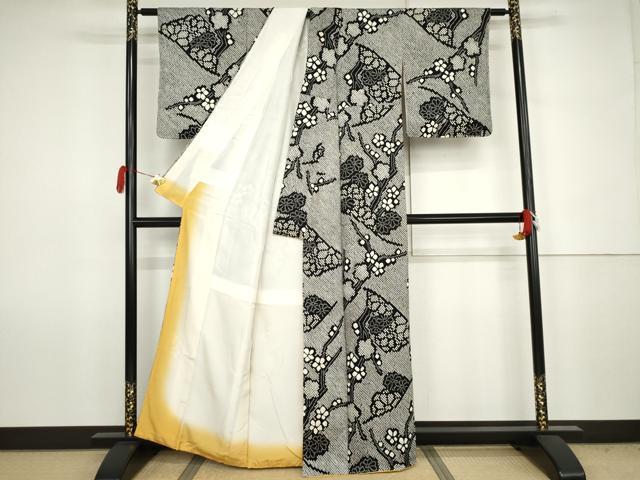 平和屋着物●上質な小紋　総絞り　枝梅文　黒地　正絹　逸品　AABJ6675cs