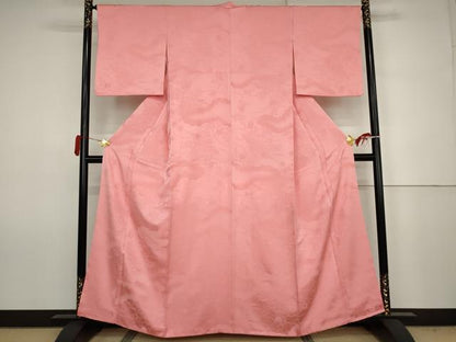 平和屋着物●上質な色無地　雲取り草花地紋　桃色　正絹　逸品　AABJ6679cs