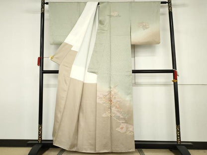 平和屋着物●訪問着　中国三大刺繍　スワトウ刺繍　汕頭刺繍　相良刺繍　扇面花文　暈し染め　正絹　逸品　AABJ6687cs