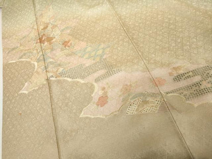 平和屋着物●訪問着　中国三大刺繍　スワトウ刺繍　汕頭刺繍　相良刺繍　扇面花文　暈し染め　正絹　逸品　AABJ6687cs