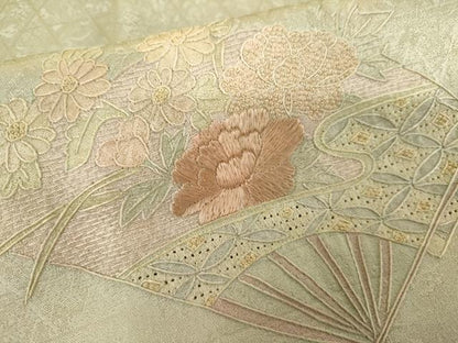 平和屋着物●訪問着　中国三大刺繍　スワトウ刺繍　汕頭刺繍　相良刺繍　扇面花文　暈し染め　正絹　逸品　AABJ6687cs