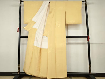 平和屋着物●上質な色無地　吉祥花地紋　卵色　正絹　逸品　AABJ6688cs