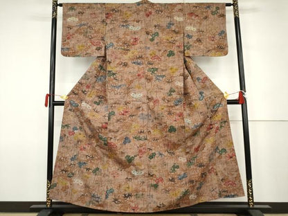 平和屋着物●上質な紬　型染め　笹梅花文　正絹　逸品　AABJ6690cs