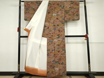平和屋着物●上質な紬　型染め　笹梅花文　正絹　逸品　AABJ6690cs