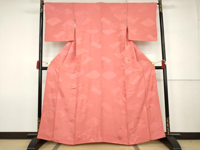 平和屋着物●上質な色無地　菱取り草花地紋　真朱色　正絹　逸品　AABJ6691cs