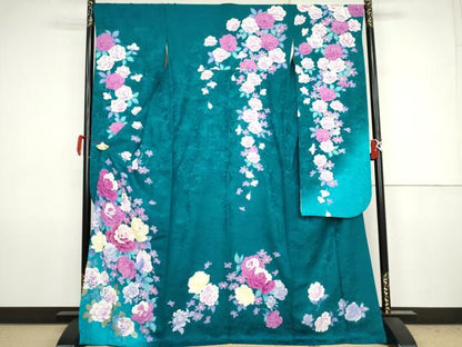 平和屋着物●豪華振袖　刺繍　草花文　薔薇　バラ　暈し染め　金銀彩　金糸　正絹　逸品　AABJ6712cs