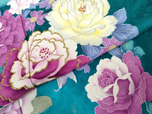 平和屋着物●豪華振袖　刺繍　草花文　薔薇　バラ　暈し染め　金銀彩　金糸　正絹　逸品　AABJ6712cs
