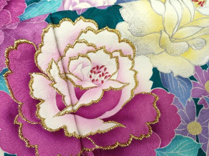 平和屋着物●豪華振袖　刺繍　草花文　薔薇　バラ　暈し染め　金銀彩　金糸　正絹　逸品　AABJ6712cs