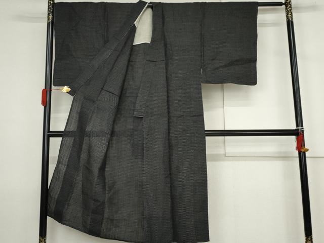 平和屋着物＊夏物　男性　上布　十字絣　黒地　麻　逸品　AABJ6717cs