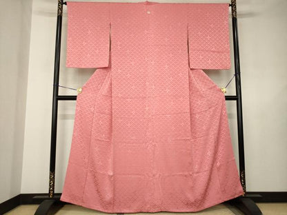 平和屋着物●上質な色無地　青海波花地紋　甚三紅色　正絹　逸品　AABJ6728ck