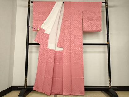 平和屋着物●上質な色無地　青海波花地紋　甚三紅色　正絹　逸品　AABJ6728ck