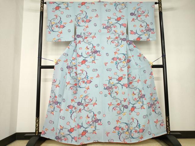 平和屋着物●上質な小紋　紅型　花蝶文　鬼しぼ縮緬　正絹　逸品　AABJ6730ck