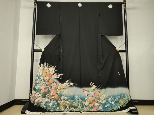 平和屋着物●豪華黒留袖　友禅　作家物　鴛鴦花文　仮絵羽　正絹　逸品　未使用　AABJ6734ck