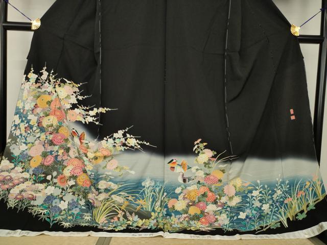 平和屋着物●豪華黒留袖　友禅　作家物　鴛鴦花文　仮絵羽　正絹　逸品　未使用　AABJ6734ck