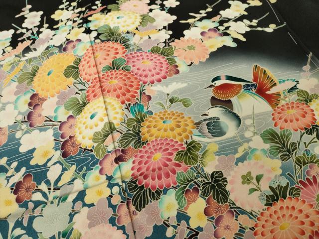 平和屋着物●豪華黒留袖　友禅　作家物　鴛鴦花文　仮絵羽　正絹　逸品　未使用　AABJ6734ck