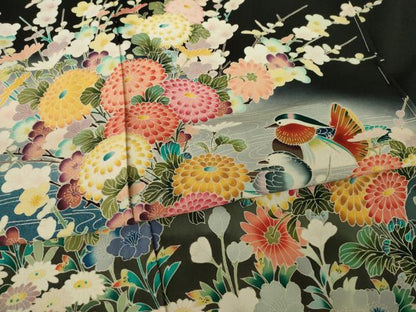 平和屋着物●豪華黒留袖　友禅　作家物　鴛鴦花文　仮絵羽　正絹　逸品　未使用　AABJ6734ck