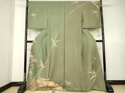 平和屋着物●訪問着　作家物　絞り　刺繍　笹花文　暈し染め　金糸　仮絵羽　正絹　逸品　未使用　AABJ6754ck